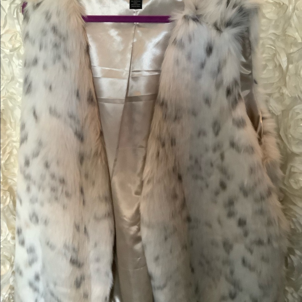 Investments II cream snow leopard faux fur long vest